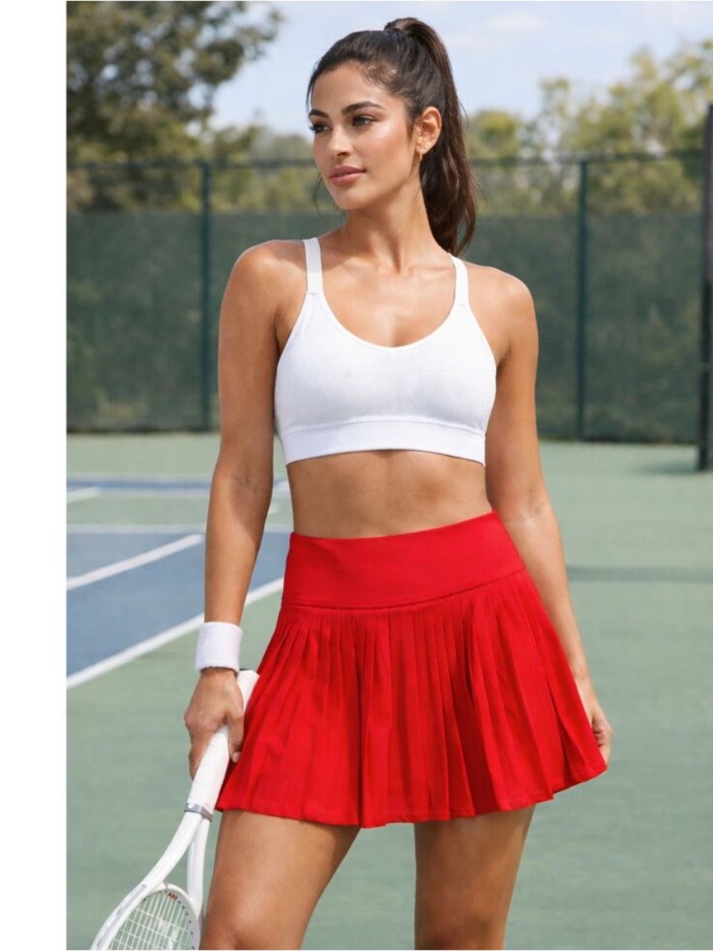 Fabletics Red Pleated Tennis Skort with White Waistband Top Med Short